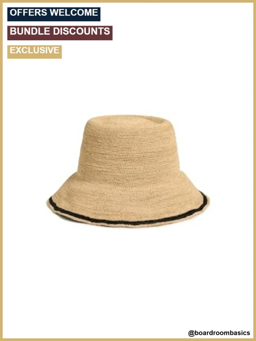 Stripe Edge Modern Crochet Bucket Hat Raffia Adjustable Drawstring UPF 15